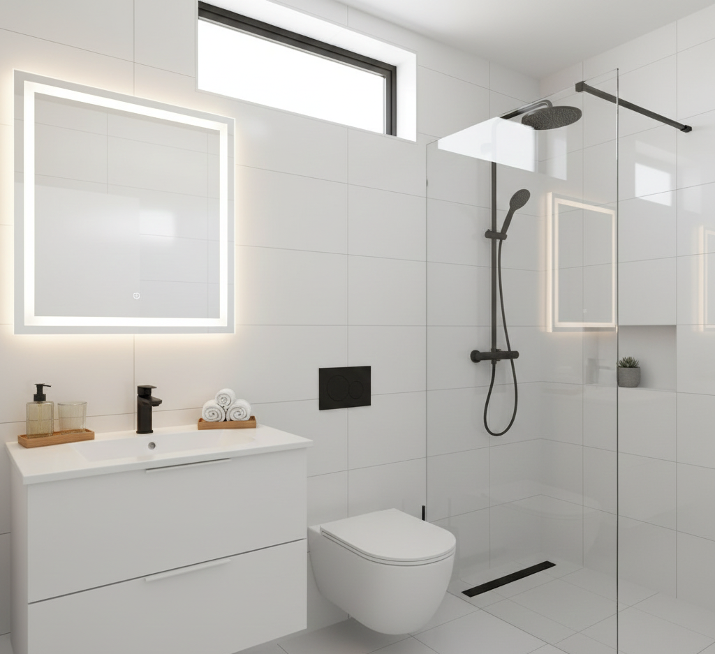 baño blanco pequeño optimizado para huéspedes Airbnb